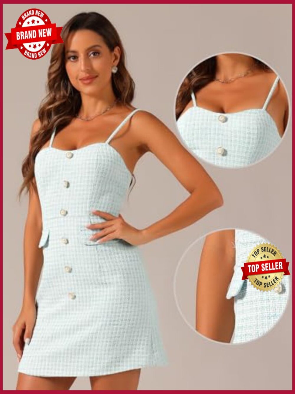 Plaid Tweed Mini Dress with Sweetheart Neck and Spaghetti Straps - Picture 2 of 5